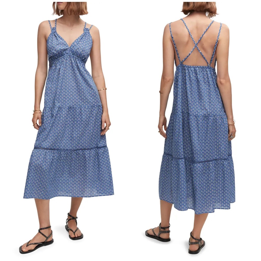 MNG Mango Womens Blue Paisley Print Boho Cottagecore Tiered Midi Dress‎ Size 2